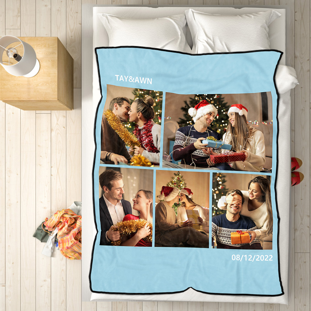 Personalised 5 Photos Fleece Blankets Custom Text Throw Couples Blanket-Blongser