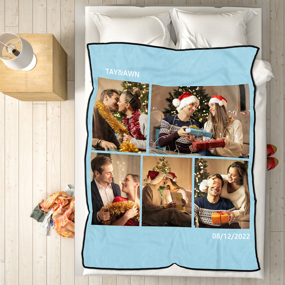 Personalised 5 Photos Fleece Blankets Custom Text Throw Couples Blanket-Blongser