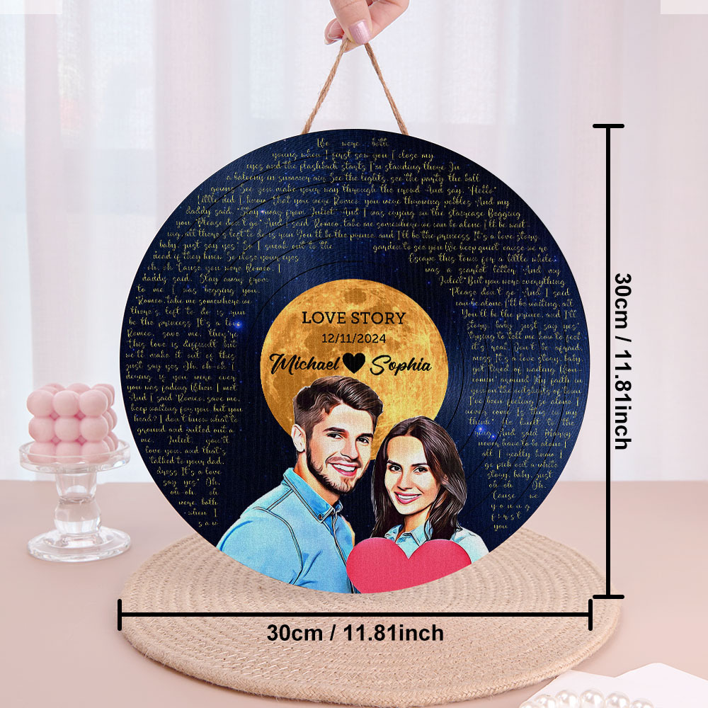 Personalized Vinyl Record Song Lyrics and Portrait Round Wood Sign Gift for Lover-Blongser