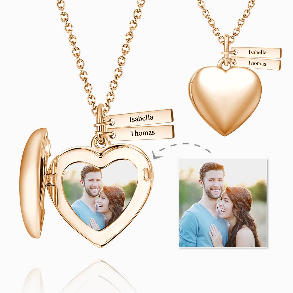 Custom Heart Photo Locket Necklace with Two Engraved Bars-Blongser