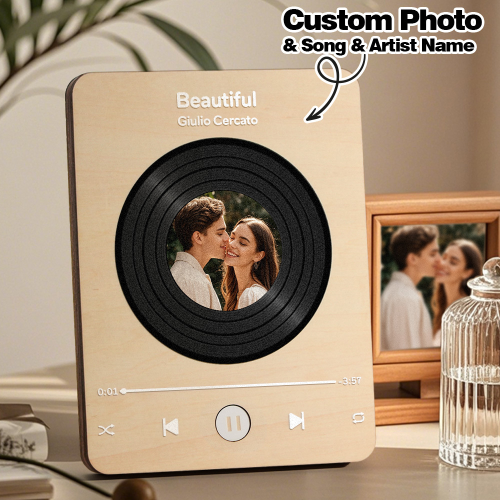 Personalized Photo Wooden Music Record Player Wedding Anniversary Gift for Couples-Blongser
