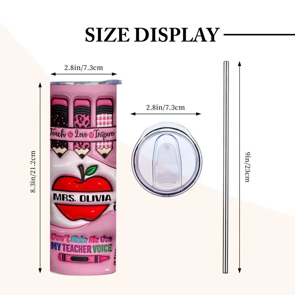 Personalized 3D Apple Pencil Design 20oz Skinny Tumbler Lid and Straw Back to School Gift for Teacher-Blongser