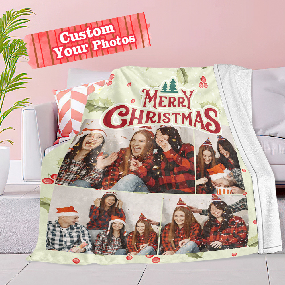 Custom Photo Blanket Personalized Christmas Throw Blanket with Text-Blongser