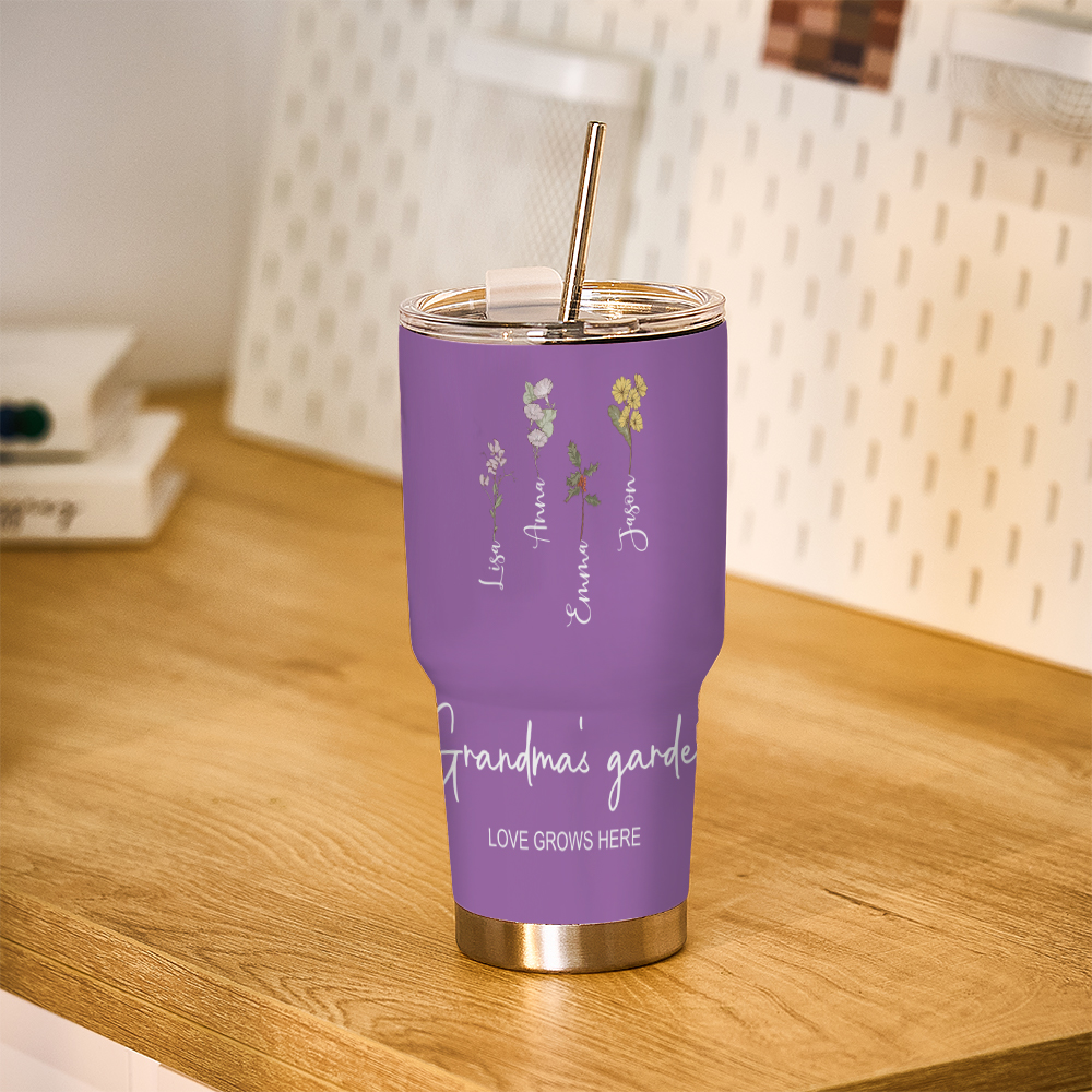 Custom 30oz Insulated Tumbler with Watercolor Birth Flower Name Text – Perfect Birthday Gift for Mom or Grandma-Blongser