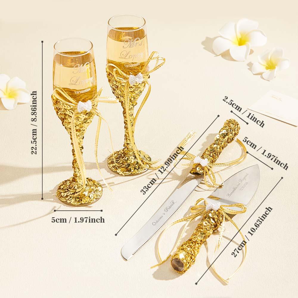 Personalized Champagne Flutes and Cake Server Set for Bride and Groom Wedding Gift-Blongser