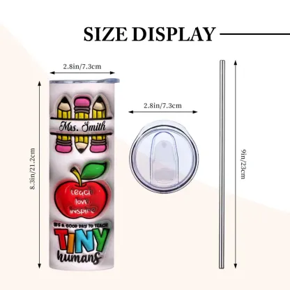 Personalized 3D Inflated Effect Apple Pencil Rainbow Design 20oz Skinny Tumbler Lid and Straw Back to School Gift for Teacher-Blongser