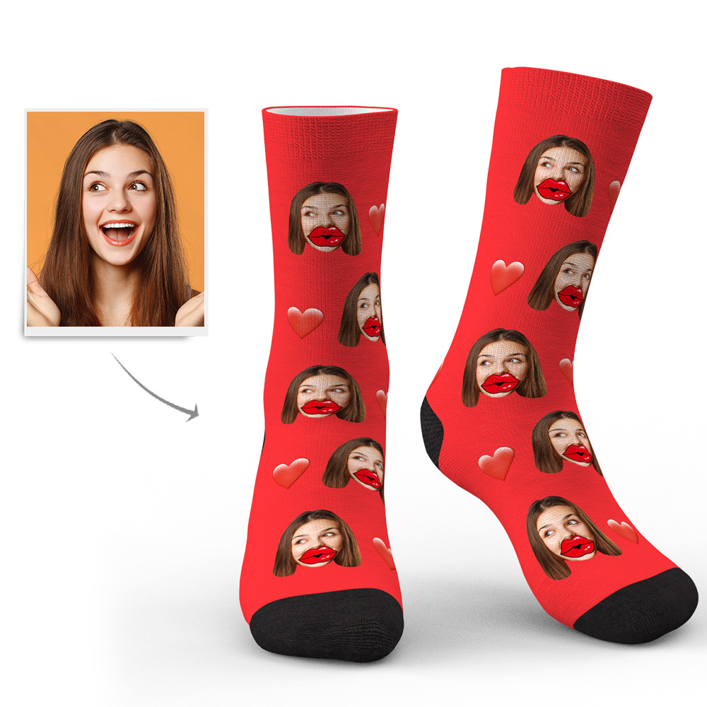 Custom Face Socks Personalized Unisex Socks with Heart and Red Lips-Blongser