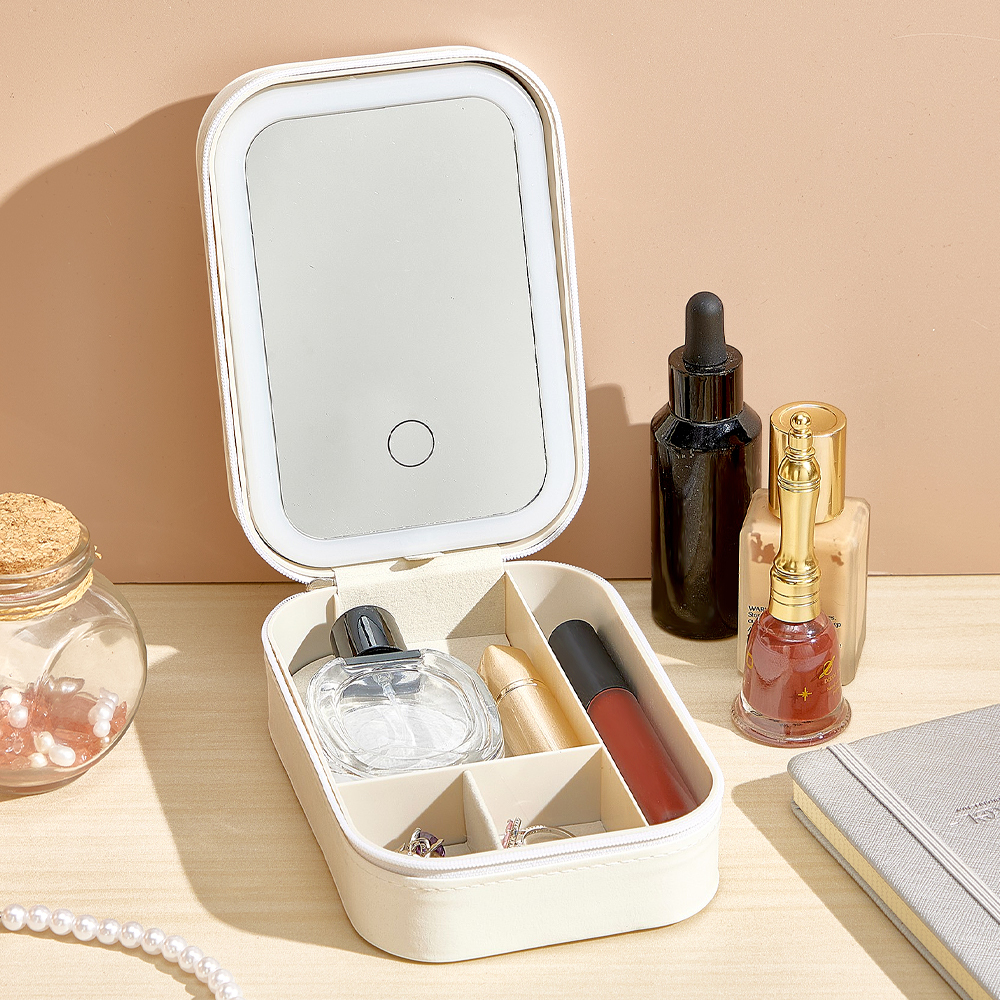 Personalized Birth Flower PU Leather Jewelry Box with LED Makeup Mirror Birthday Gift for Her-Blongser