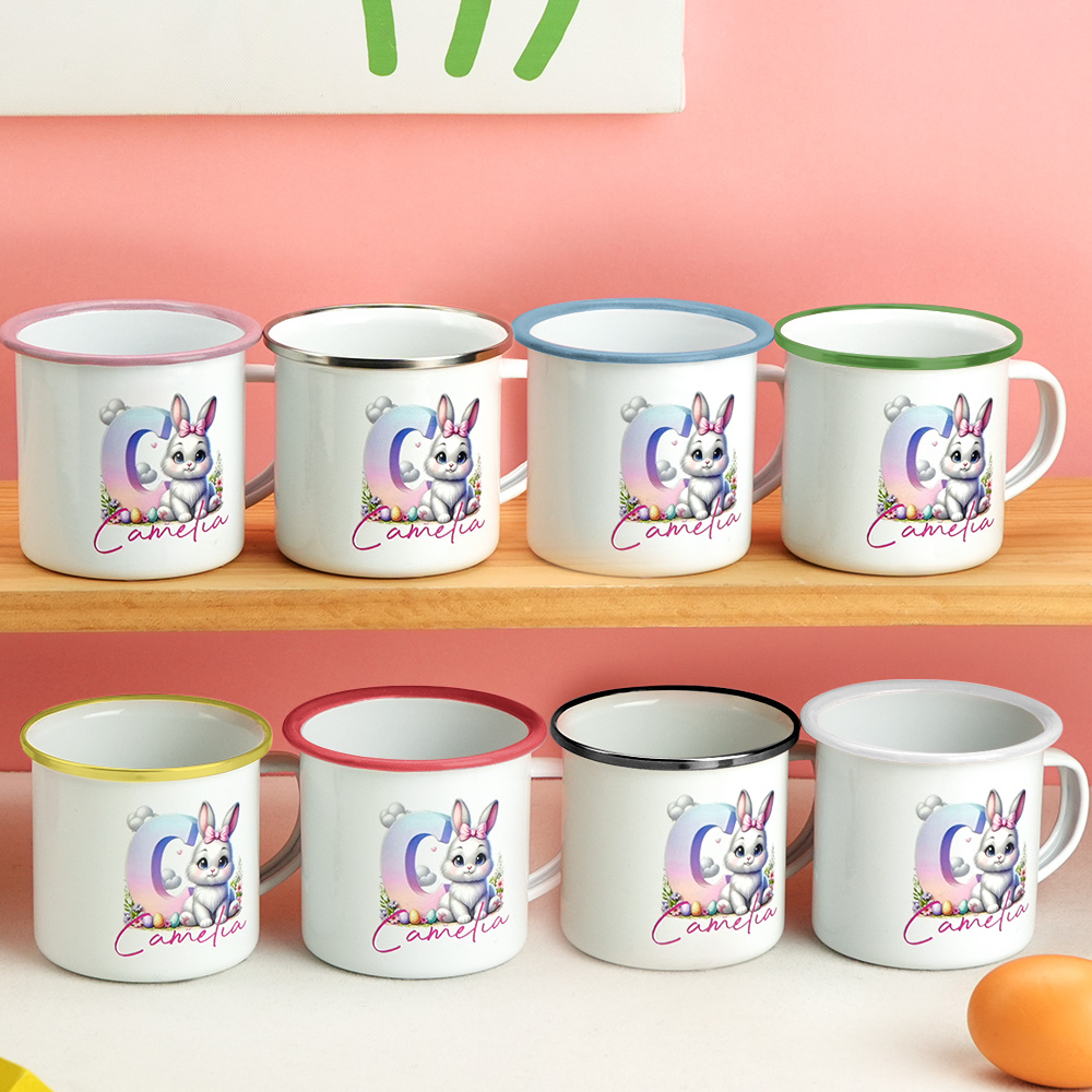 Personalized Easter Bunny Enamel Mug with Name Gradient Initial 12oz Cup Easter Gift for Kids-Blongser
