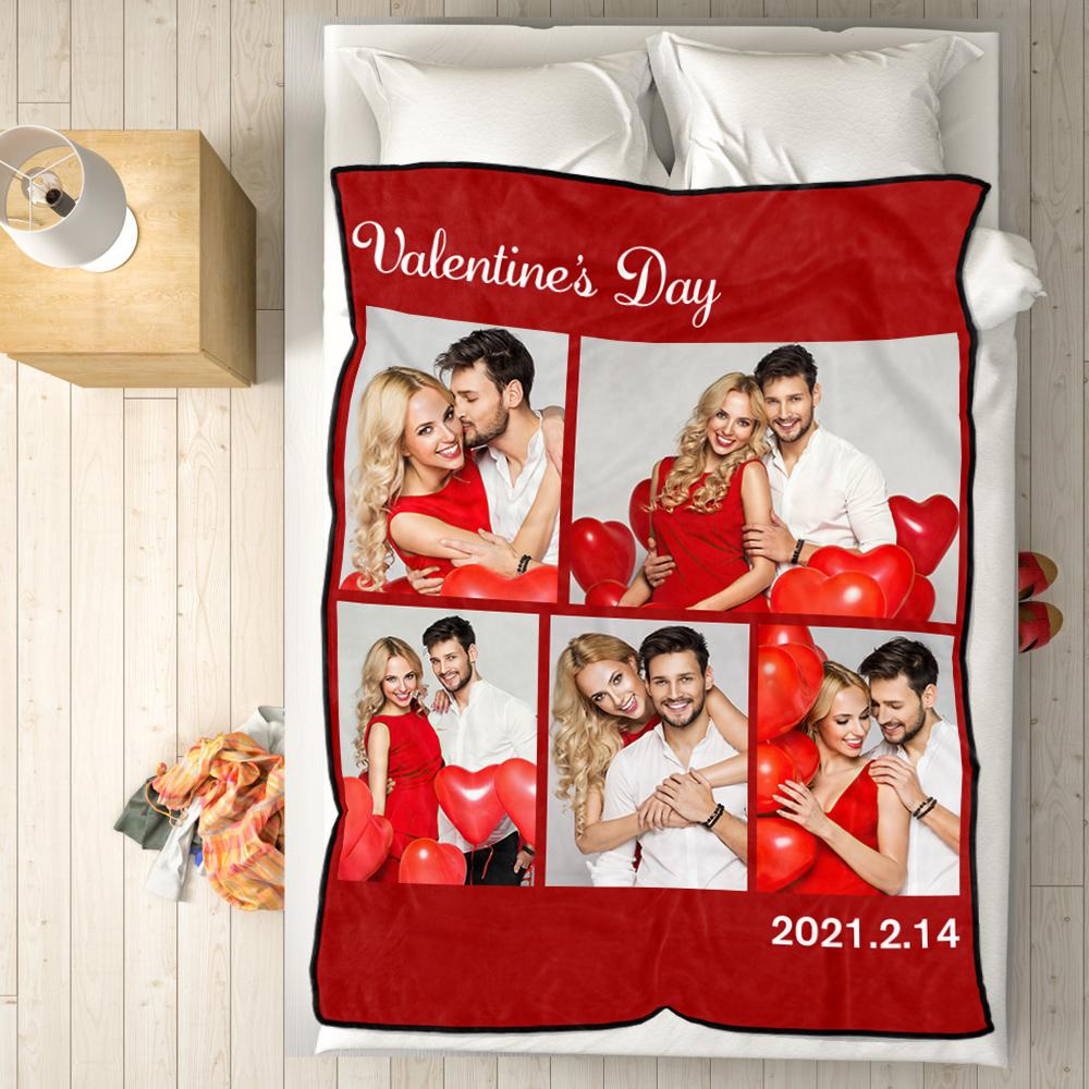 Personalised 5 Photos Fleece Blankets Custom Text Throw Couples Blanket-Blongser