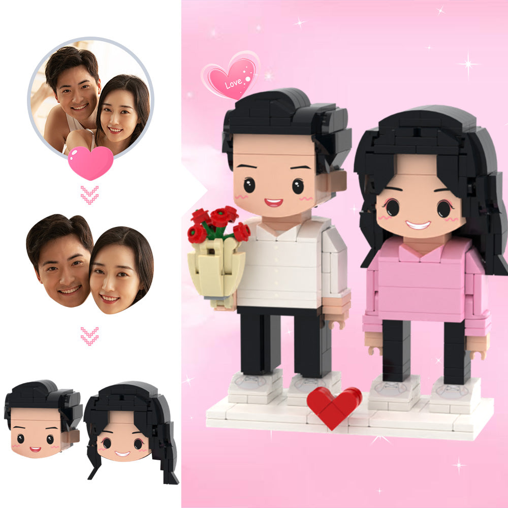 Gifts for Her Custom Head Cute Brick Figures Personalized 2 People Cute Brick Figures Couple with Rose Brick Figures-Blongser
