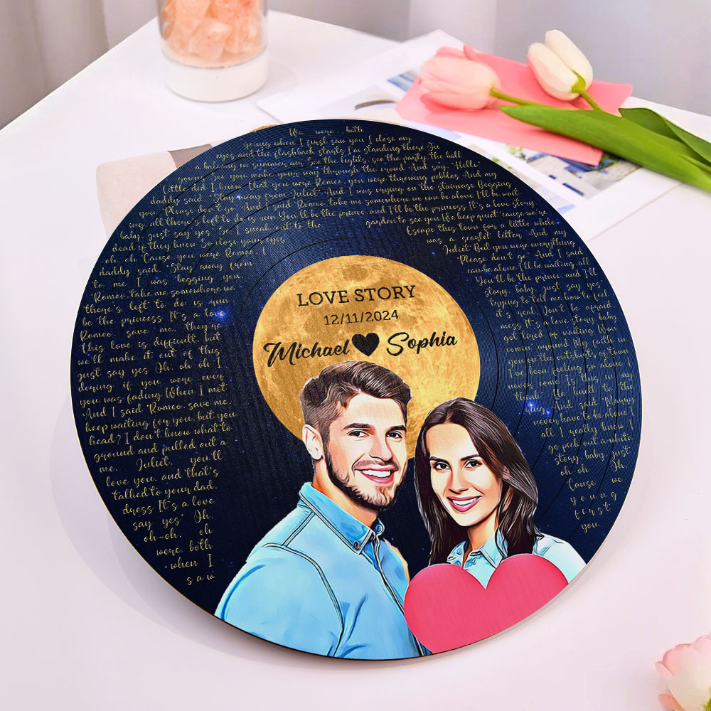 Personalized Vinyl Record Song Lyrics and Portrait Round Wood Sign Gift for Lover-Blongser