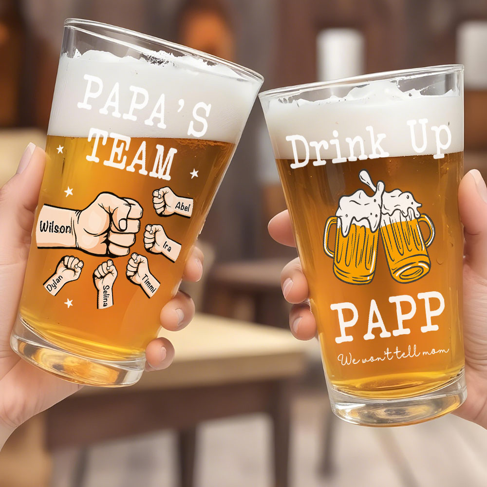 Personalized Beer Glass Drink Up Dad, We Won't Tell Mom Fist Beer Glass Gift for Dad Grandpa-Blongser