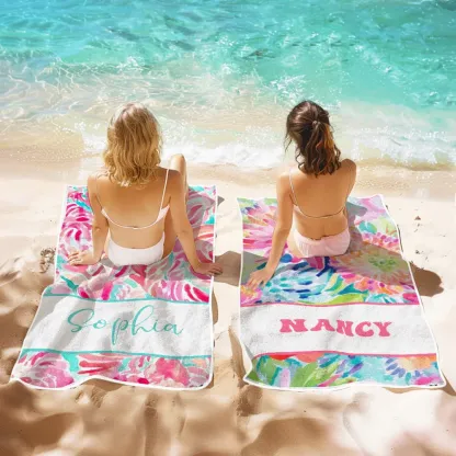 Personalized Watercolor Flower Beach Towel with Name Beach Accessories Gift for Her-Blongser