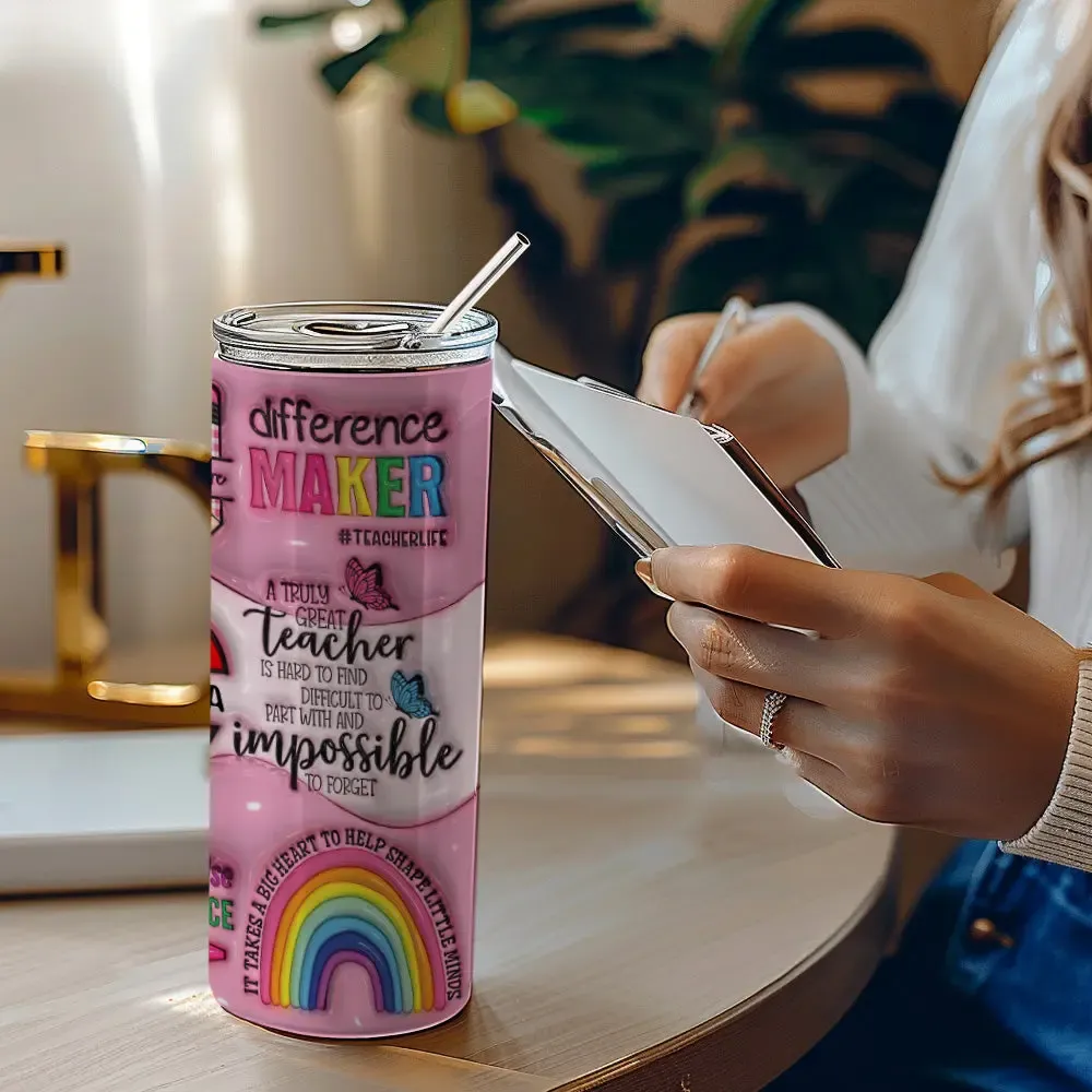 Personalized 3D Apple Pencil Design 20oz Skinny Tumbler Lid and Straw Back to School Gift for Teacher-Blongser