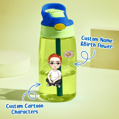 Personalized Cartoon Birth Flower Water Bottle with Straw 16oz Water Bottle Gift for Kids-Blongser