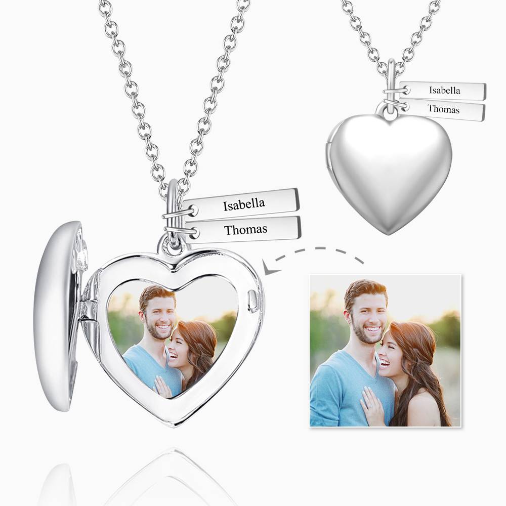 Custom Heart Photo Locket Necklace with Two Engraved Bars-Blongser