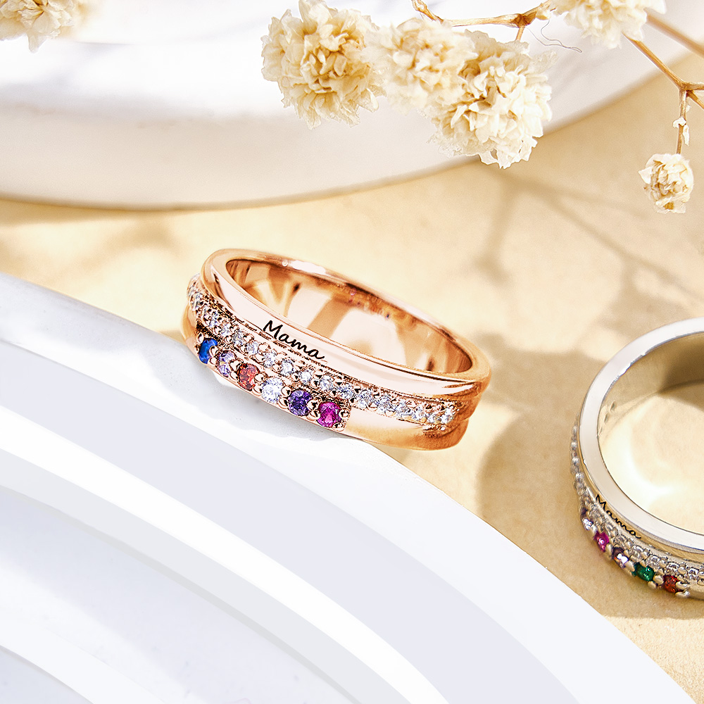 Personalized Birthstones Ring with Engraved Text Ring Jewelry Birthday Gift for Women-Blongser