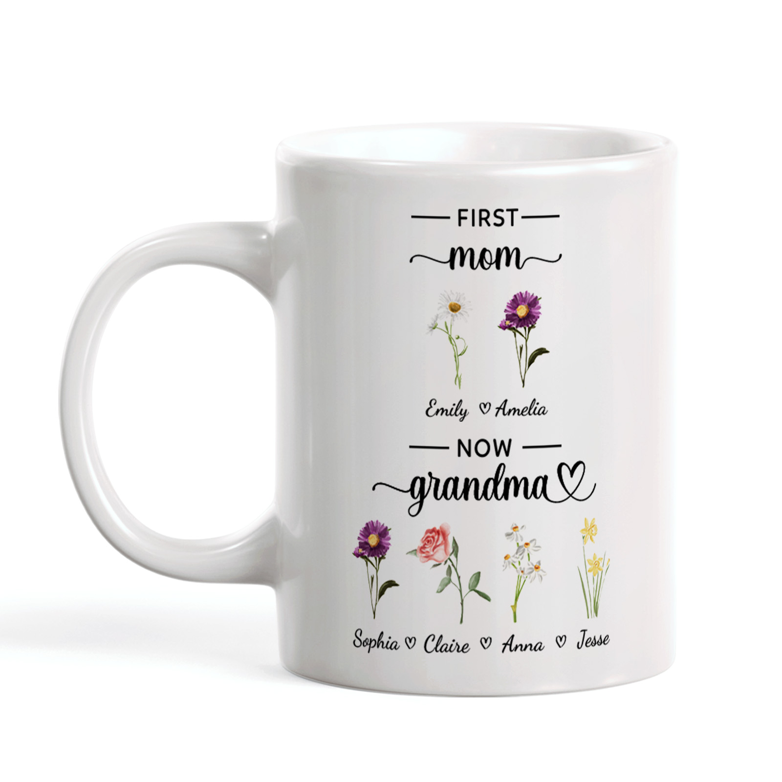 Personalized First Mom Now Grandma Mug Birth Flowers Ceramic Mug for Mother's Day Gifts-Blongser
