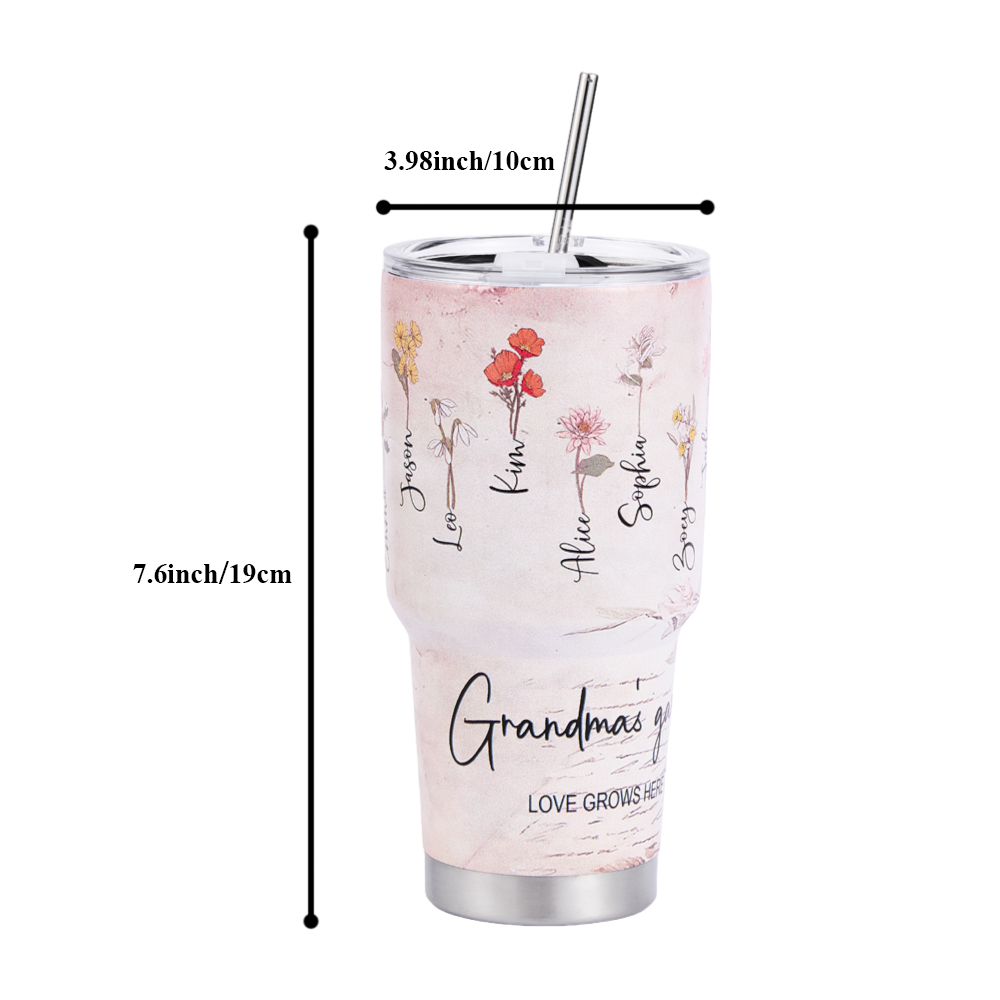 Custom 30oz Insulated Tumbler with Watercolor Birth Flower Name Text – Perfect Birthday Gift for Mom or Grandma-Blongser