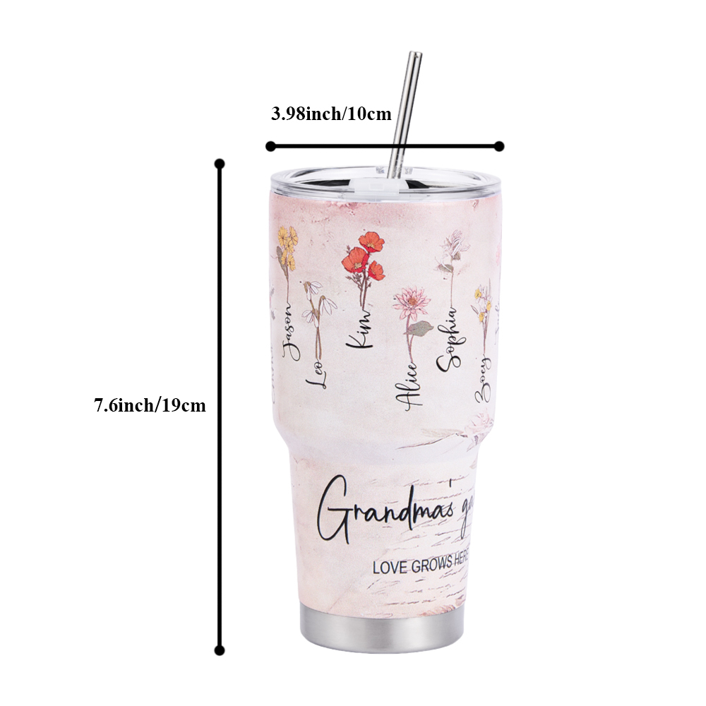 Custom 30oz Insulated Tumbler with Watercolor Birth Flower Name Text – Perfect Birthday Gift for Mom or Grandma-Blongser