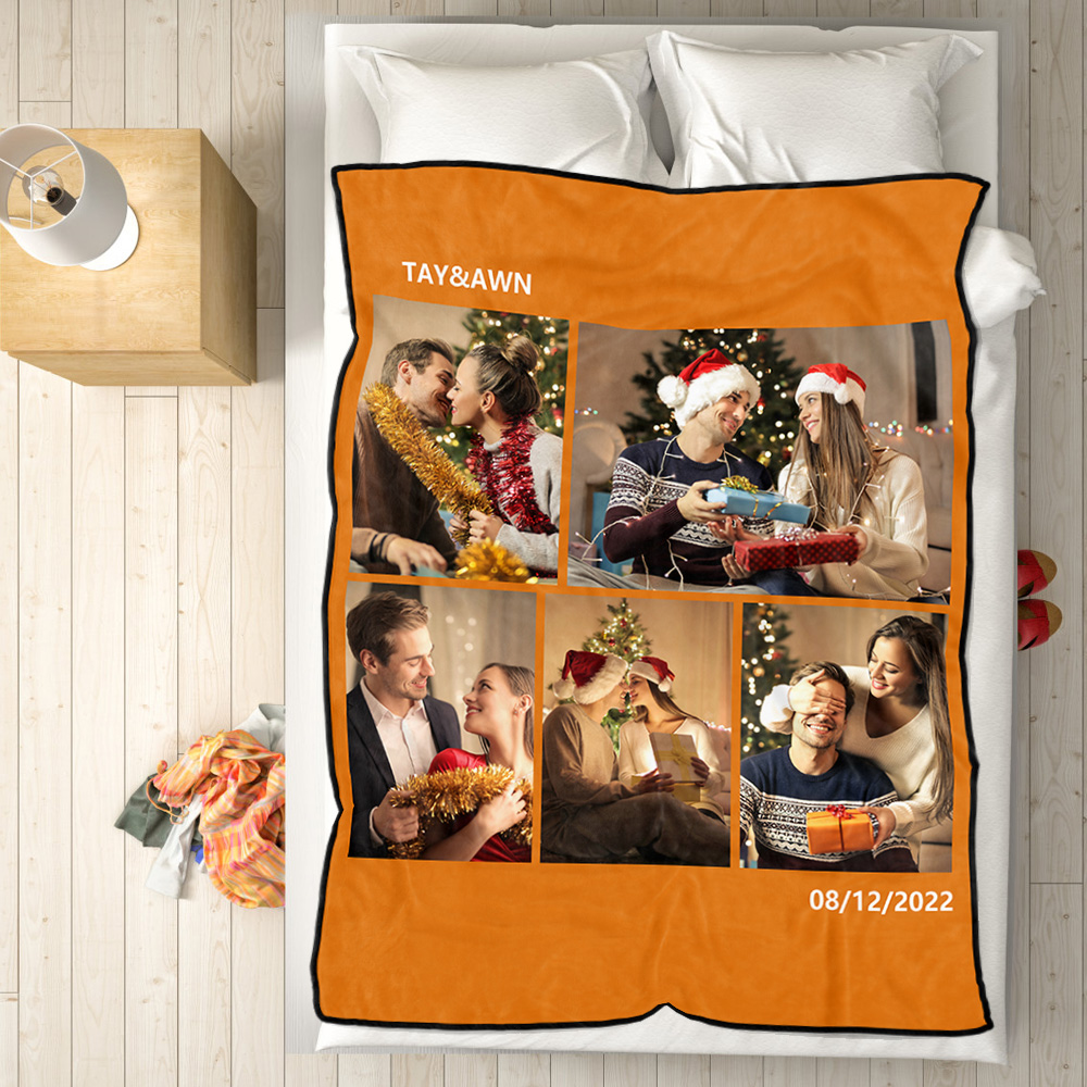Personalised 5 Photos Fleece Blankets Custom Text Throw Couples Blanket-Blongser