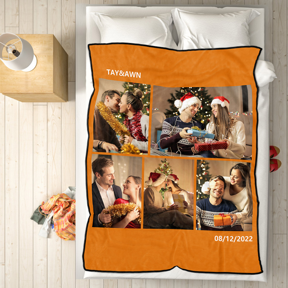 Personalised 5 Photos Fleece Blankets Custom Text Throw Couples Blanket-Blongser