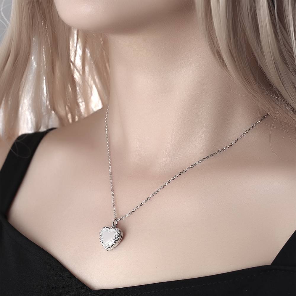 Embossed Heart Picture Locket Pendant Necklace With Photo-Blongser