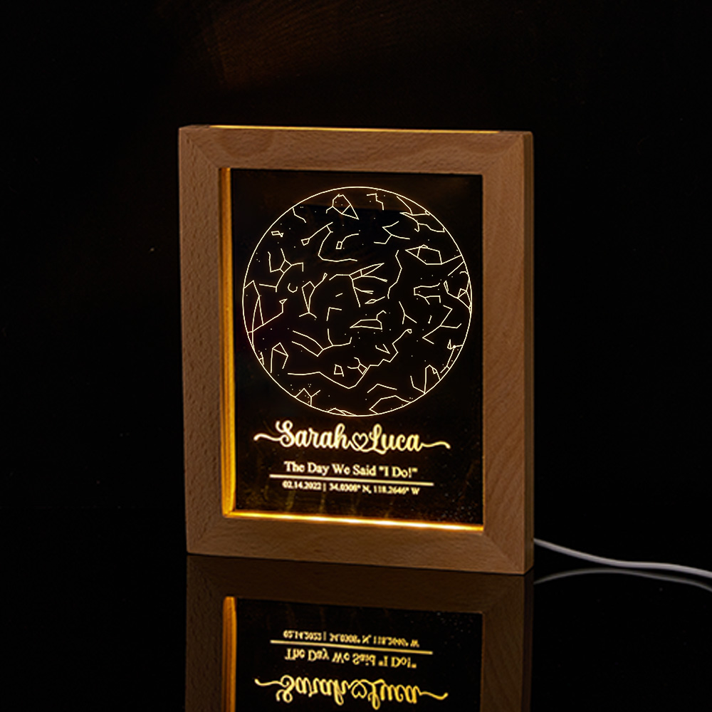 Custom Engraved Star Map Print Constellation Print Night Light with Wood Frame-Blongser