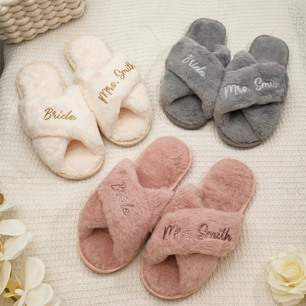 Custom Fluffy Slippers Fluffy Cross Slippers Bride Slippers Bridesmaid Gift-Blongser