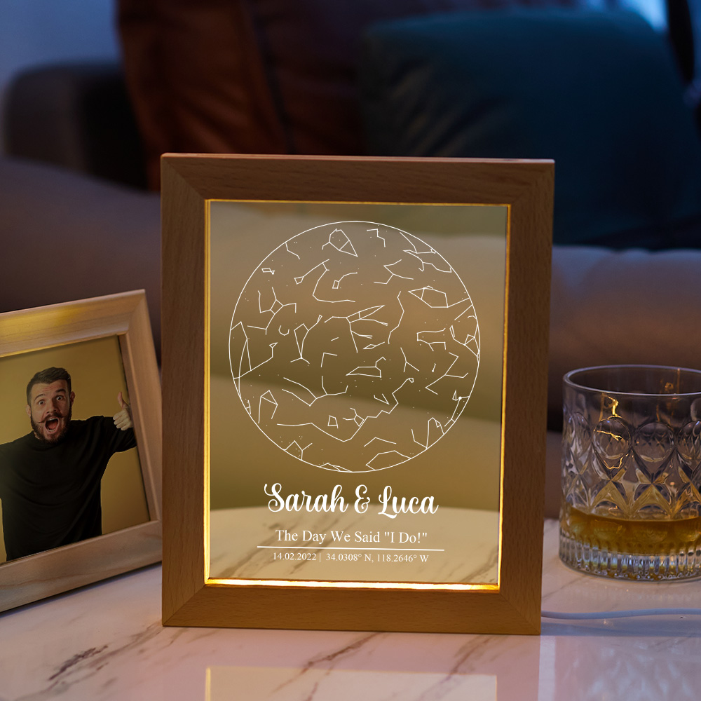 Custom Engraved Star Map Print Constellation Print Night Light with Wood Frame-Blongser