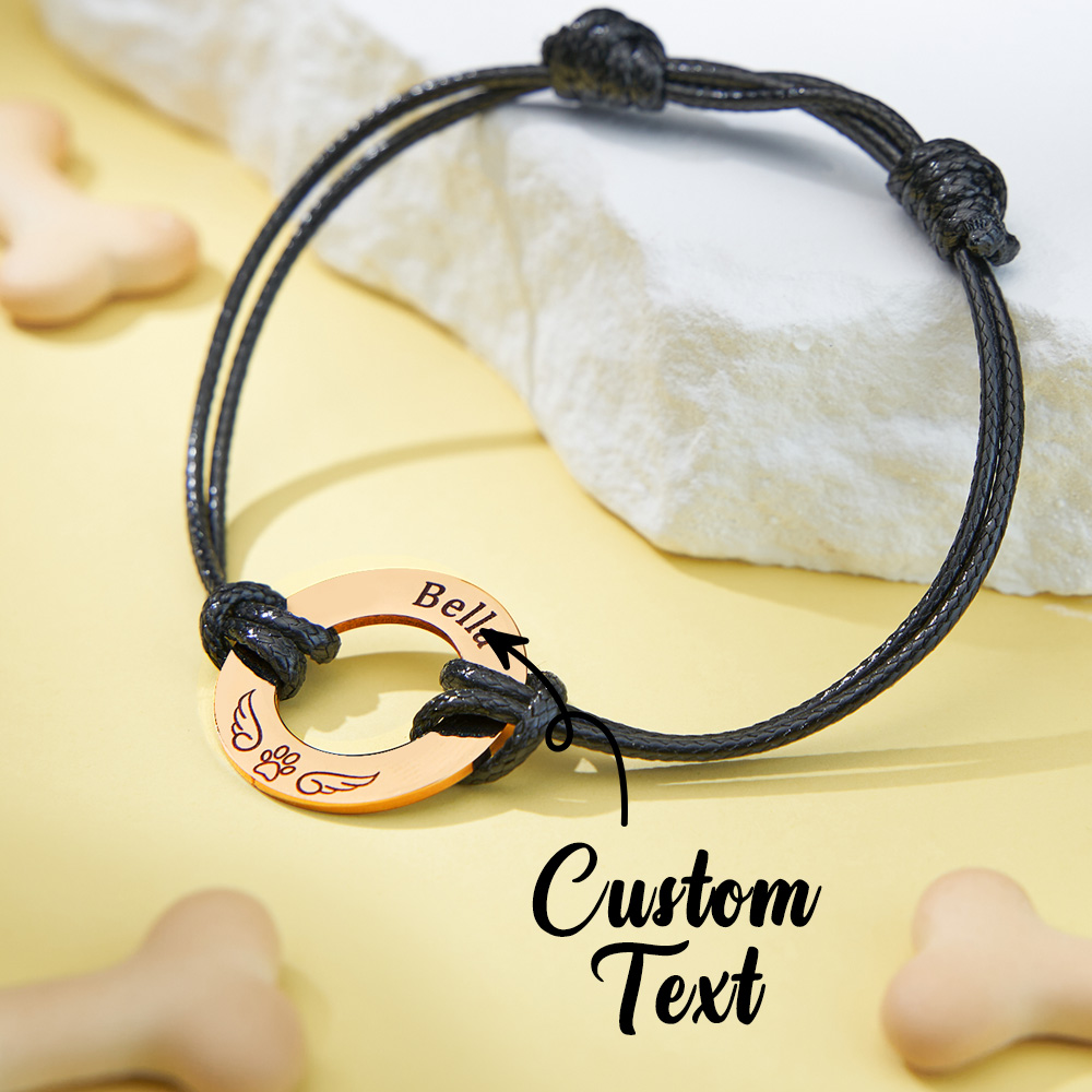 Personalized Engraved Angel Wings Pet Paw Print PU Leather Rope Bracelet Memorial Gift for Pet Lovers-Blongser