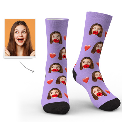 Custom Face Socks Personalized Unisex Socks with Heart and Red Lips-Blongser
