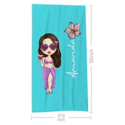 Custom Cartoon Women Girl Birth Flower Multicolor Beach Towel Personalized Name Vacation Beach Towel Gift for Friend-Blongser