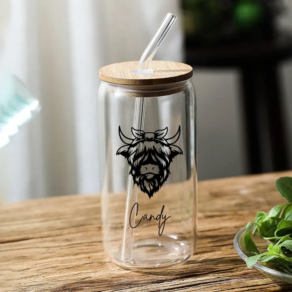 Personalized Highland Cow Tumbler with Name Clear Can Glass Gift for Highland Cow Lovers-Blongser