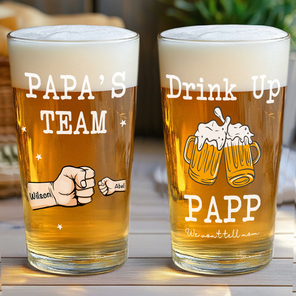 Personalized Beer Glass Drink Up Dad, We Won't Tell Mom Fist Beer Glass Gift for Dad Grandpa-Blongser