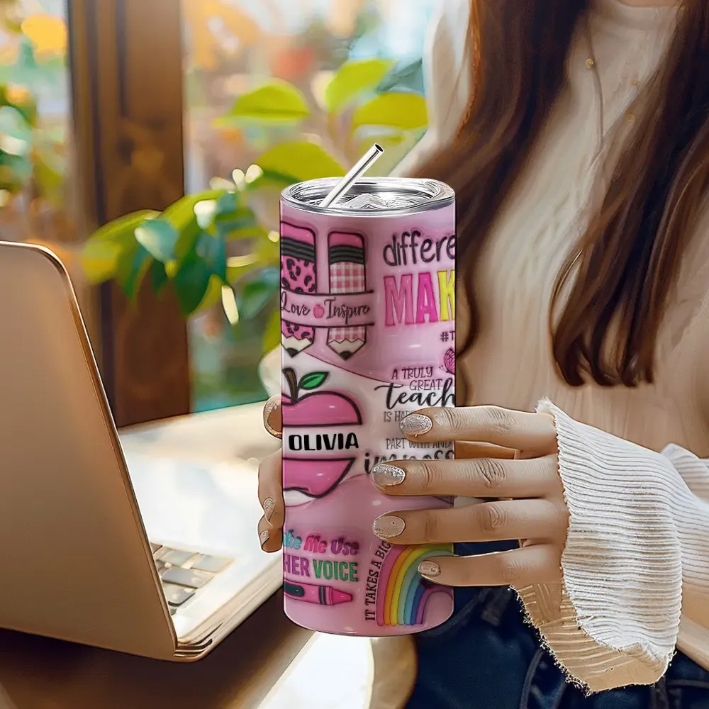 Personalized 3D Apple Pencil Design 20oz Skinny Tumbler Lid and Straw Back to School Gift for Teacher-Blongser