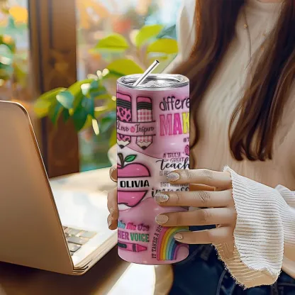 Personalized 3D Apple Pencil Design 20oz Skinny Tumbler Lid and Straw Back to School Gift for Teacher-Blongser