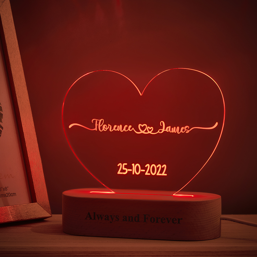Heart Shaped Acrylic Plaque Personalized Name and Date Night Light-Blongser