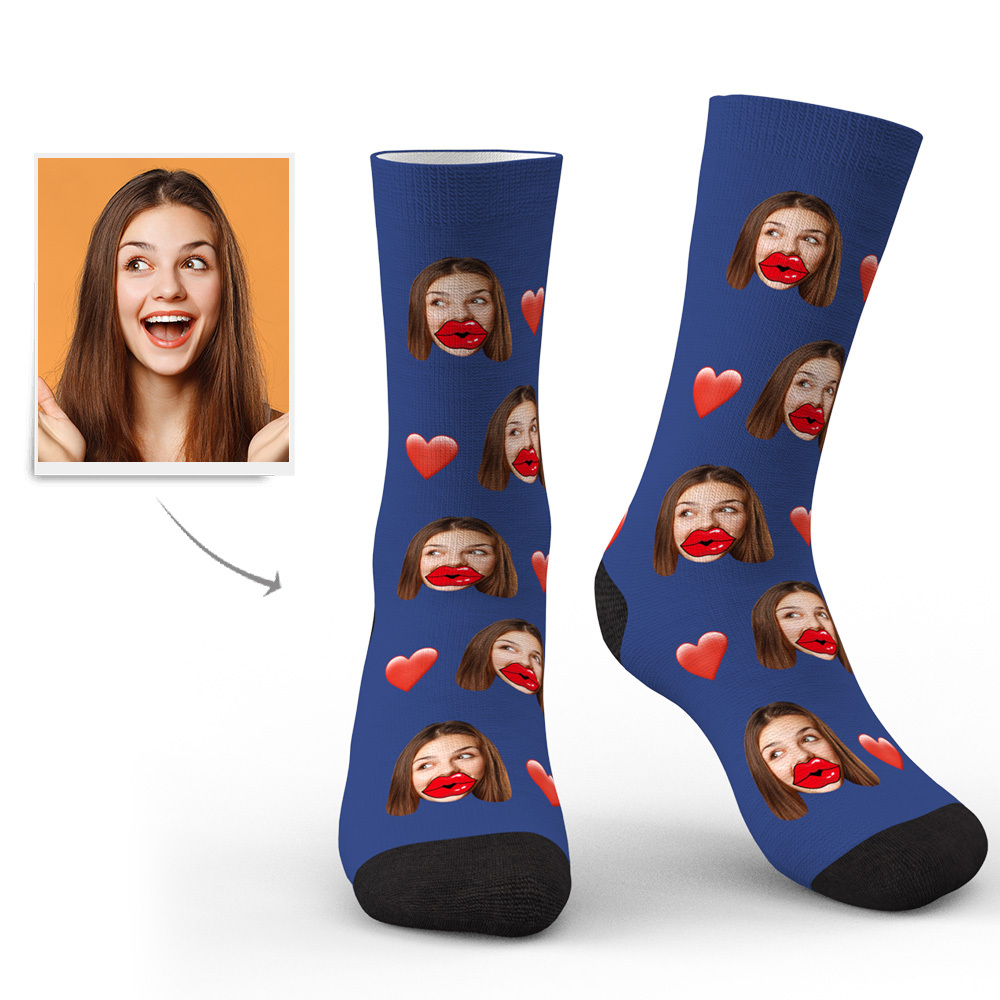 Custom Face Socks Personalized Unisex Socks with Heart and Red Lips-Blongser