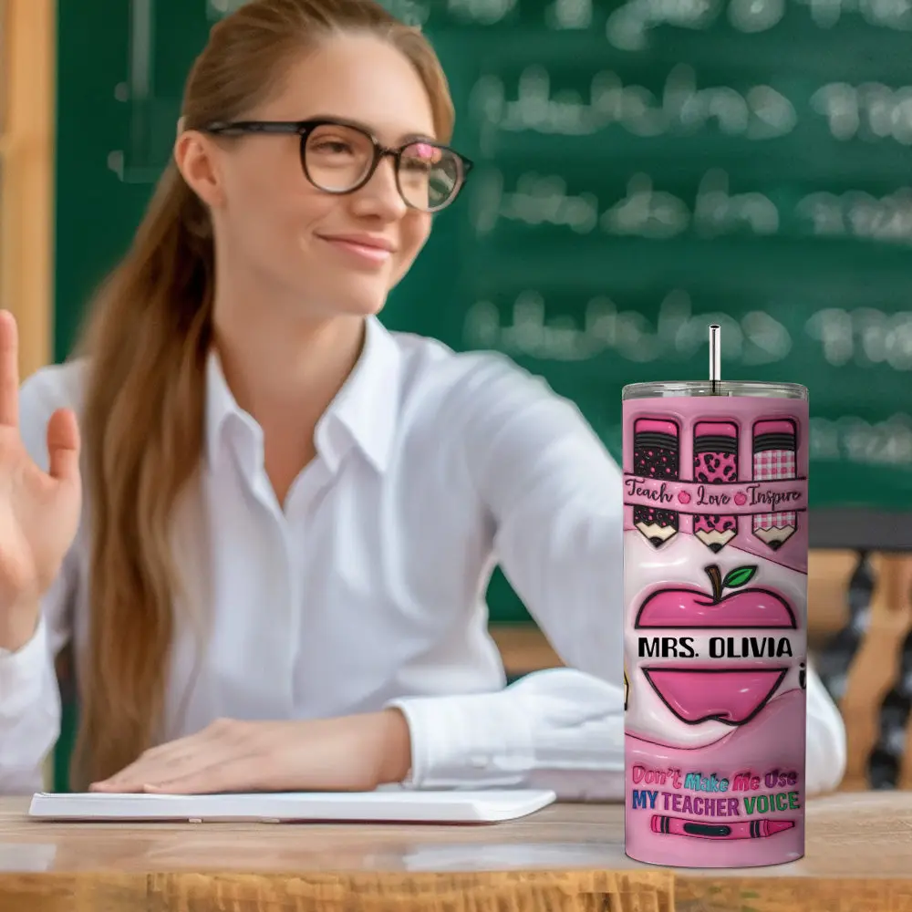 Personalized 3D Apple Pencil Design 20oz Skinny Tumbler Lid and Straw Back to School Gift for Teacher-Blongser