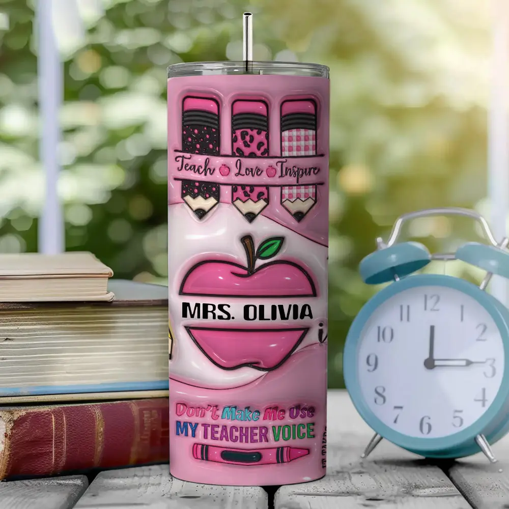 Personalized 3D Apple Pencil Design 20oz Skinny Tumbler Lid and Straw Back to School Gift for Teacher-Blongser