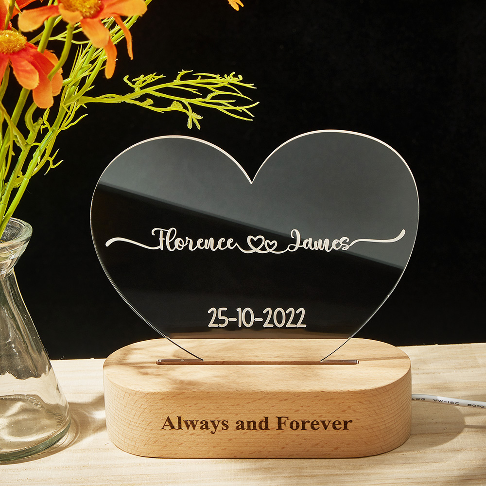 Heart Shaped Acrylic Plaque Personalized Name and Date Night Light-Blongser