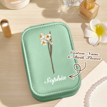 Personalized Birth Flower PU Leather Jewelry Box with LED Makeup Mirror Birthday Gift for Her-Blongser