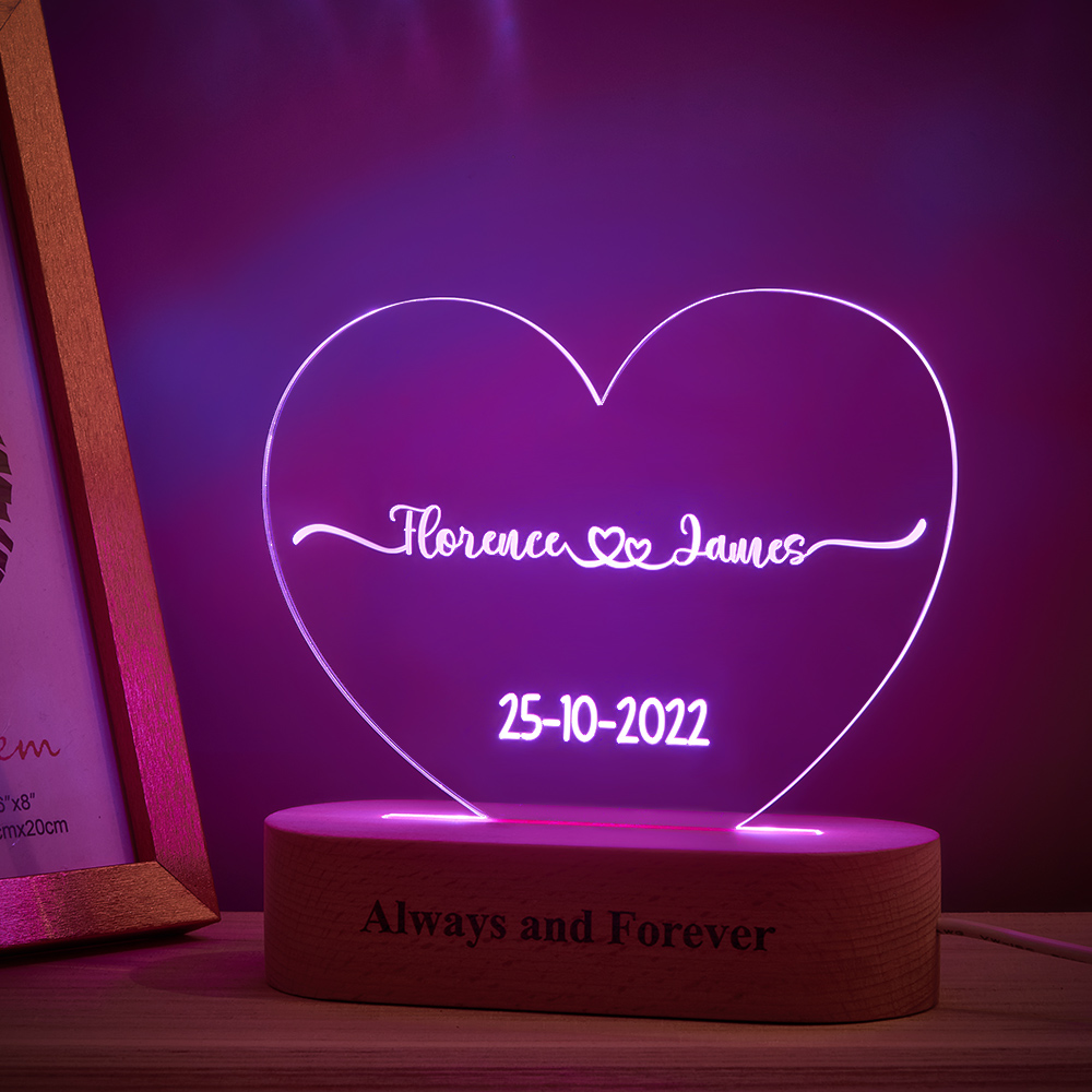 Heart Shaped Acrylic Plaque Personalized Name and Date Night Light-Blongser