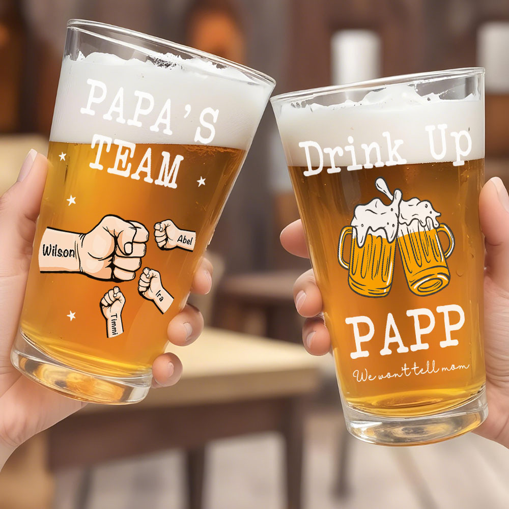Personalized Beer Glass Drink Up Dad, We Won't Tell Mom Fist Beer Glass Gift for Dad Grandpa-Blongser