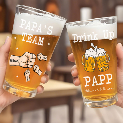 Personalized Beer Glass Drink Up Dad, We Won't Tell Mom Fist Beer Glass Gift for Dad Grandpa-Blongser