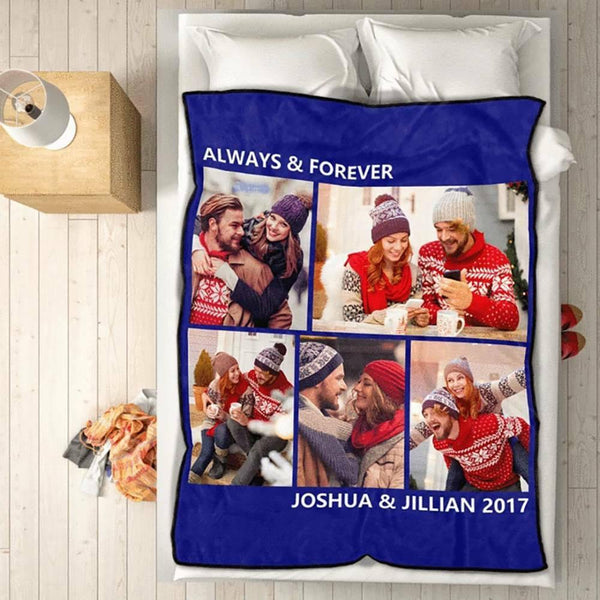 Personalised 5 Photos Fleece Blankets Custom Text Throw Couples Blanket-Blongser