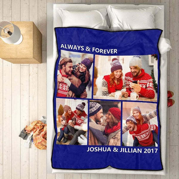 Personalised 5 Photos Fleece Blankets Custom Text Throw Couples Blanket-Blongser