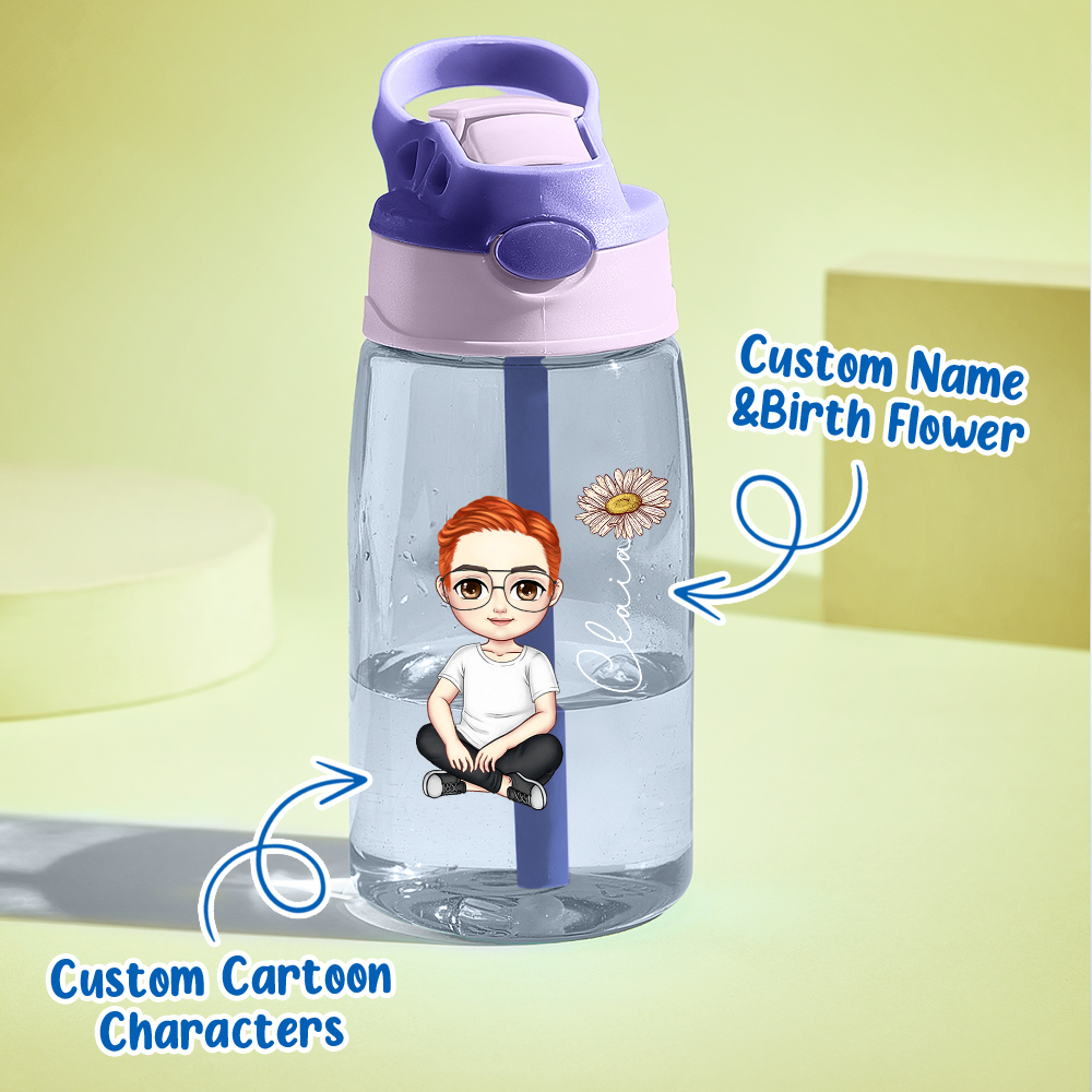 Personalized Cartoon Birth Flower Water Bottle with Straw 16oz Water Bottle Gift for Kids-Blongser